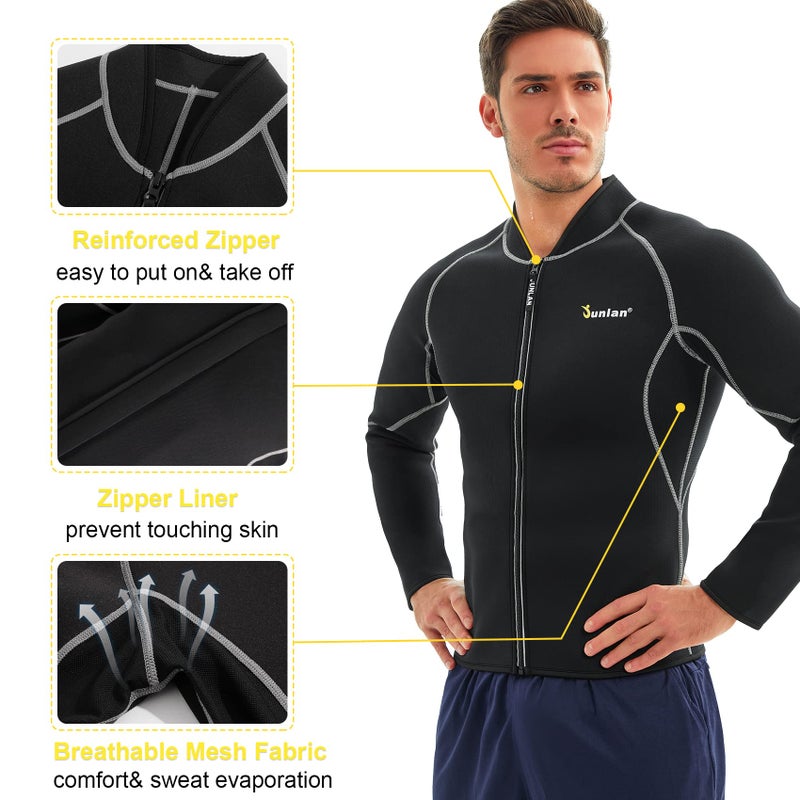 Junlan Men's Neoprene Weight Loss Sauna Shirt Suit Long Sleeve Hot Sweat Body Shaper Tummy Fat Burner Slimming Workout Gym Yoga (Black, XXXL) - Image 2